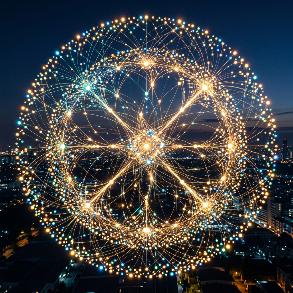 Intricate glowing network of interconnected nodes and lines over a city at night