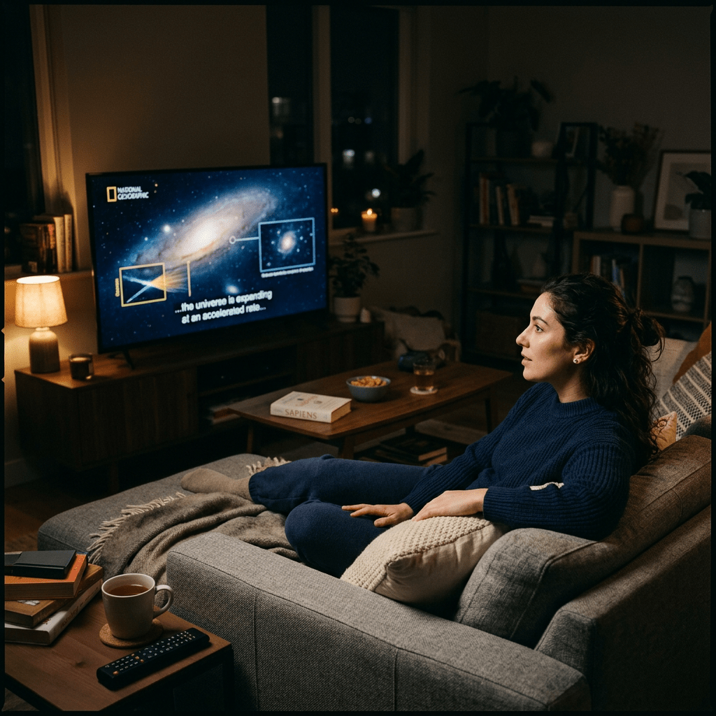 Woman sitting on a couch watching a National Geographic space documentary about the expanding universe