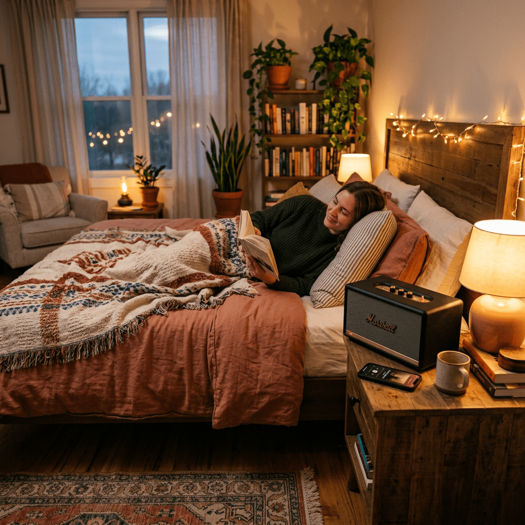 Woman lying in bed reading a book with warm lighting and plants around