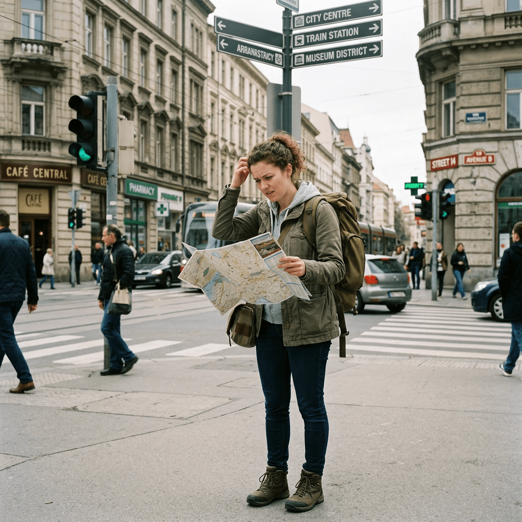 Young woman with backpack looking confused while reading a map on city street corner