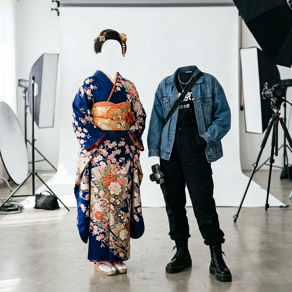 Woman in traditional Japanese kimono and another in casual outfit with camera in photo studio