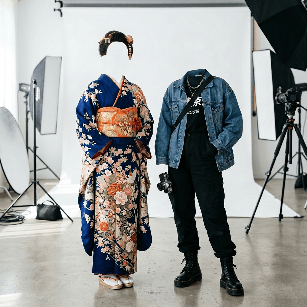 Woman in traditional Japanese kimono and another in casual outfit with camera in photo studio