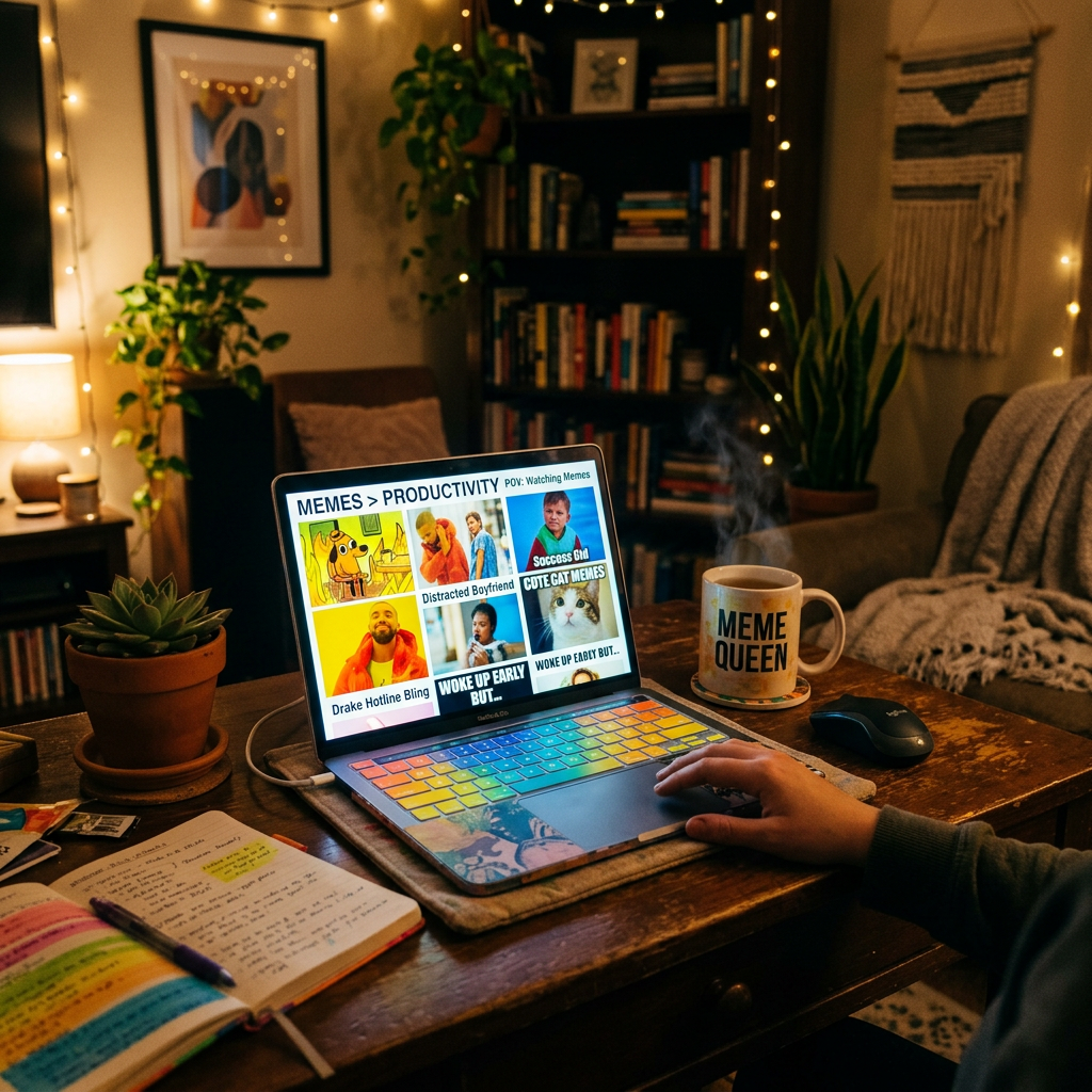 Laptop displaying various memes about productivity, with a 'MEME QUEEN' mug and a colorful notebook on a wooden desk