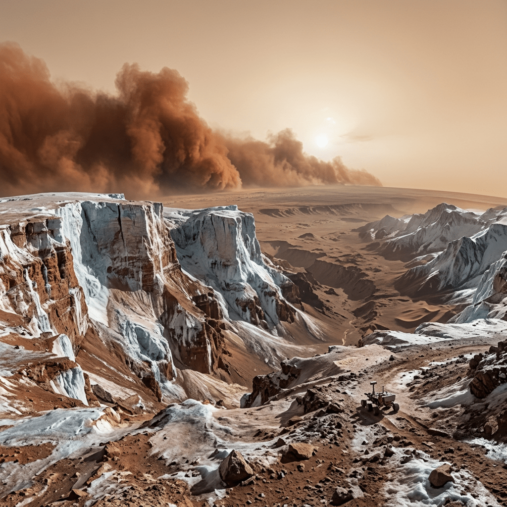Mars rover navigating rocky, icy cliffs with distant dust storm under hazy sun