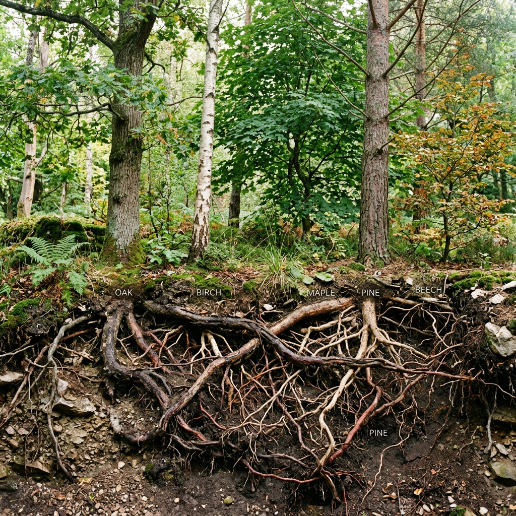 Roots of oak, birch, maple, pine, and beech trees intertwined underground.