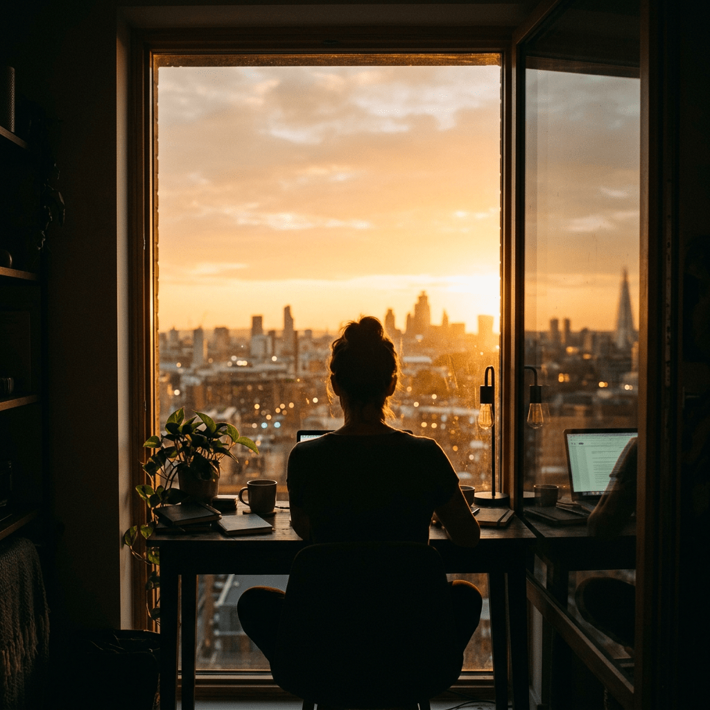 Person sitting at a desk working on a laptop with city skyline at sunset visible through a large window