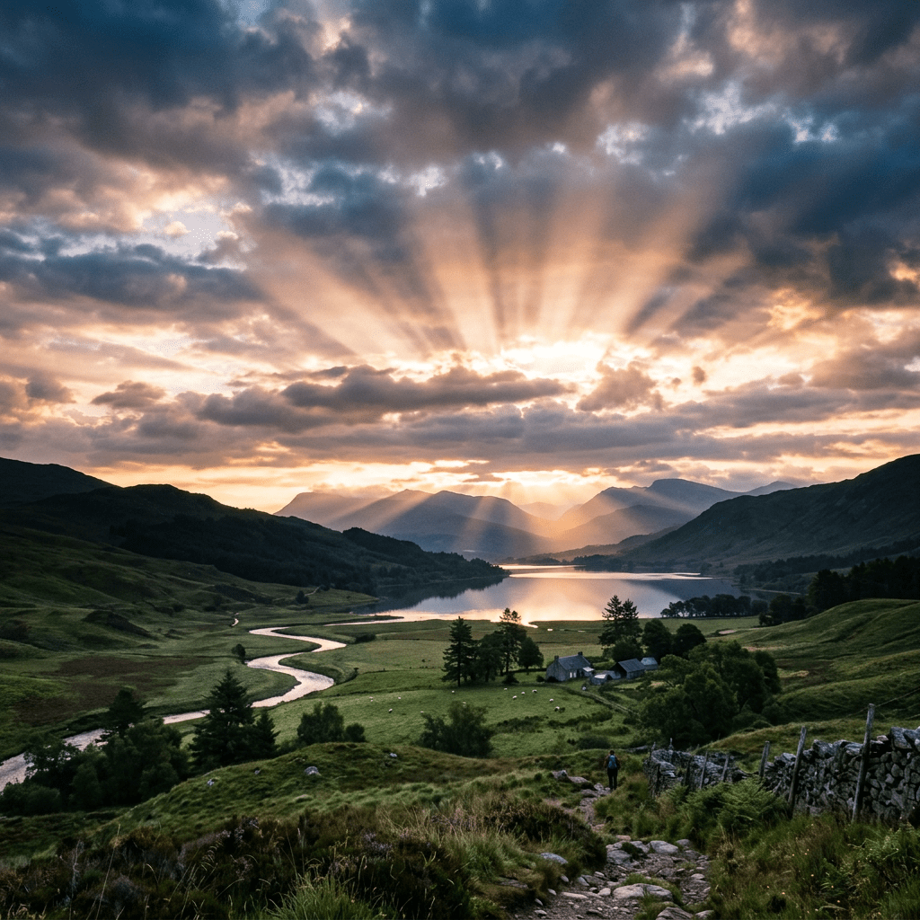 Sunset rays breaking through clouds over a valley with river, houses, and distant mountains