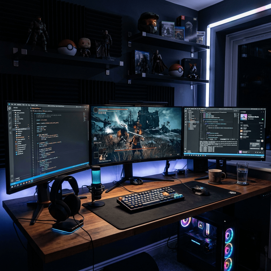Triple monitors displaying code, a video game, and a music playlist with gaming peripherals