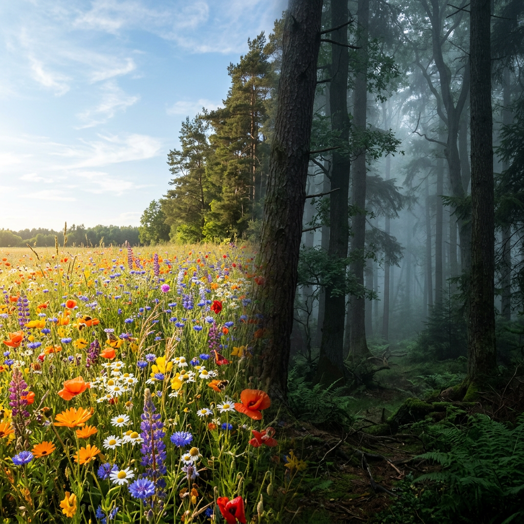 Sunlit meadow with wildflowers adjacent to a dense, foggy forest