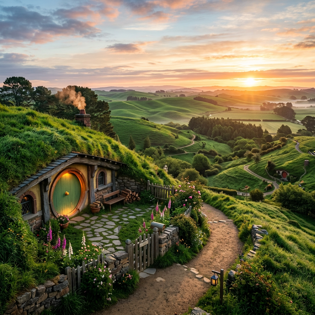 Hobbit-style house with round green door built into grassy hillside