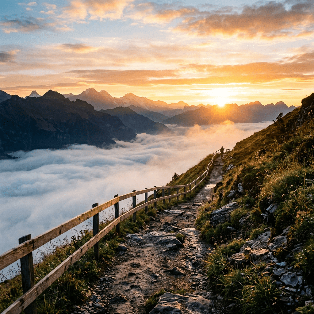 Mountain trail with wooden railing overlooking clouds and distant peaks at sunrise