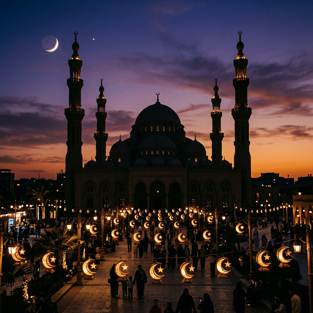 Mosque with crescent moon and star lanterns lit at dusk with people walking around