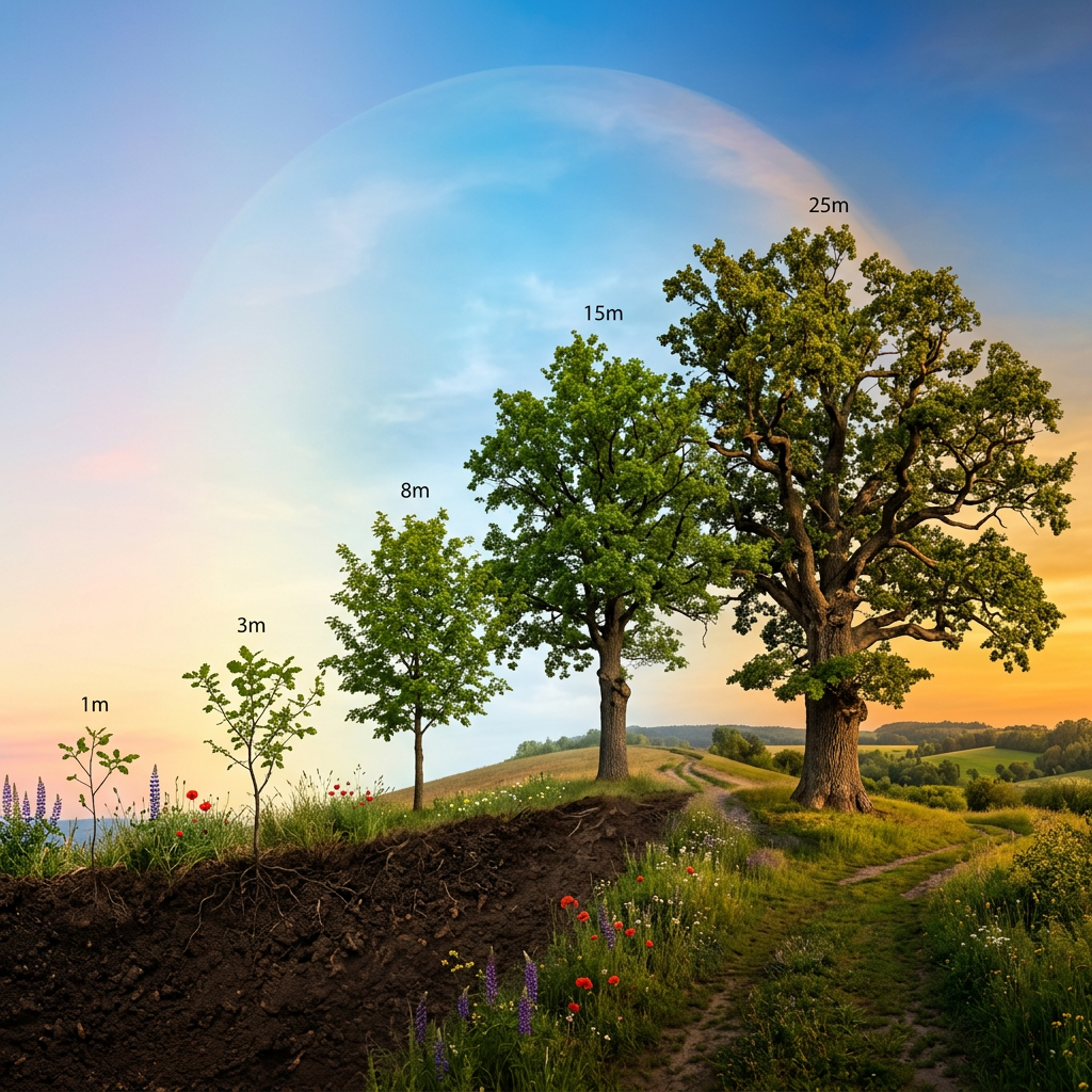 Five trees of increasing sizes labeled 1m, 3m, 8m, 15m, and 25m with visible roots underground