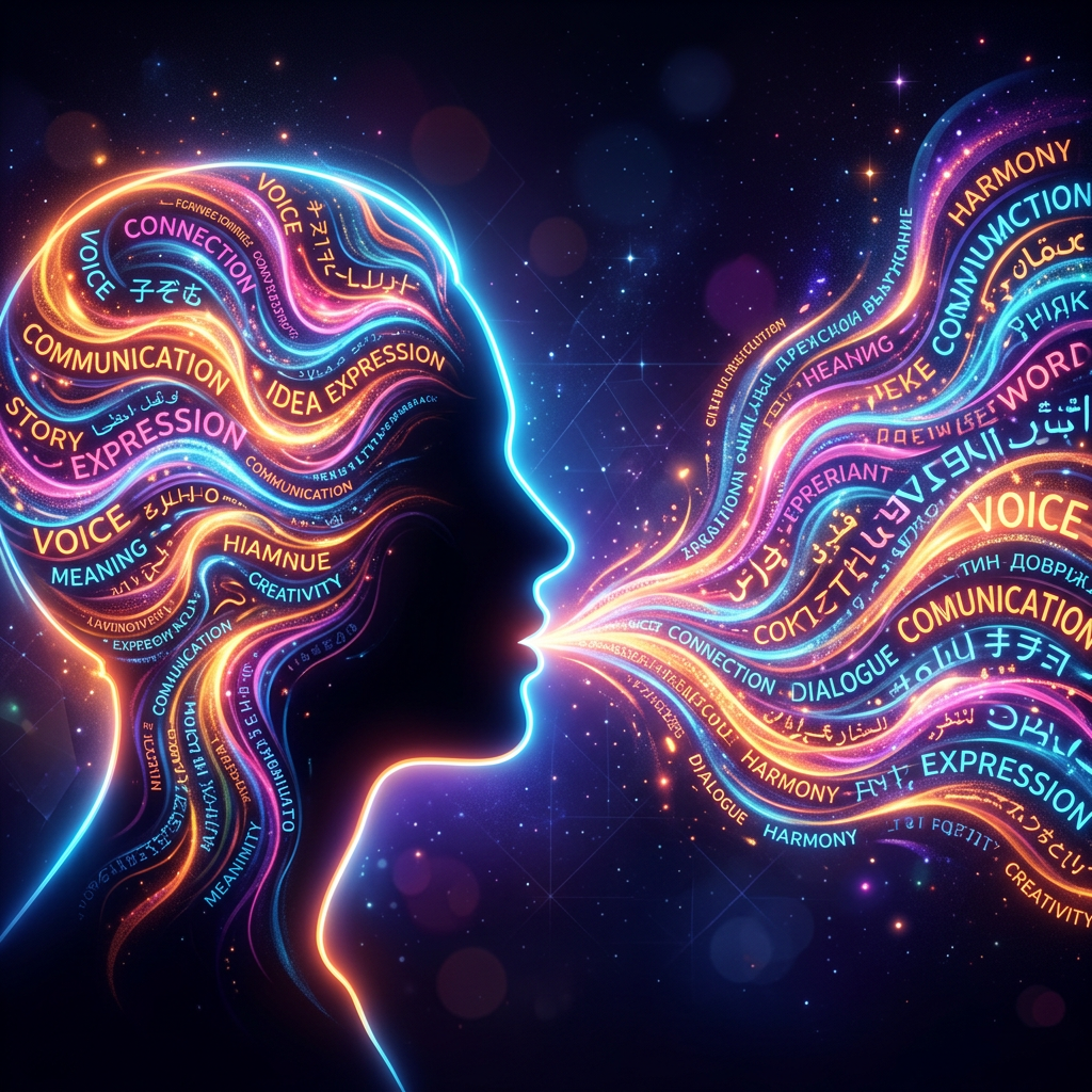 Silhouette with colorful swirling words about communication and expression