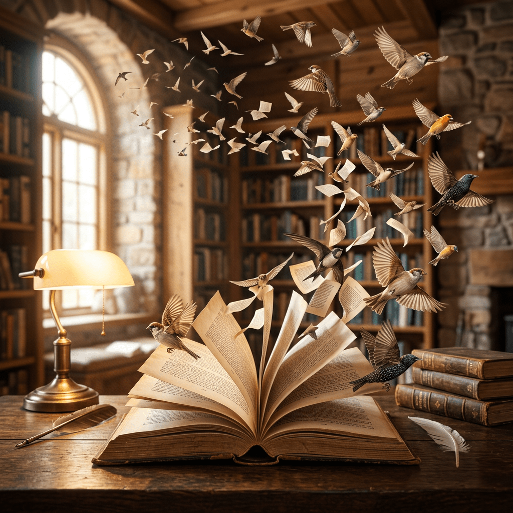 Open book with pages turning into flying birds in a library setting
