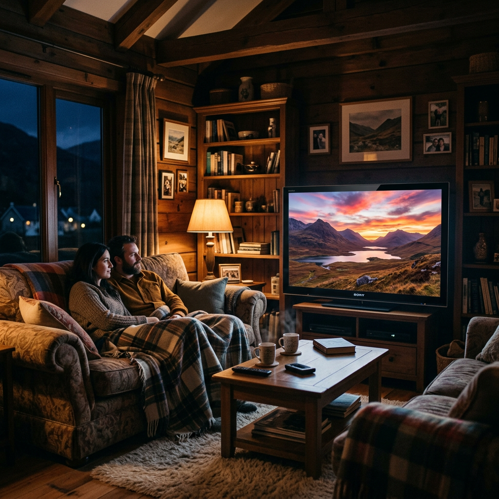 Couple on couch watching TV with mountain landscape image in cozy cabin living room