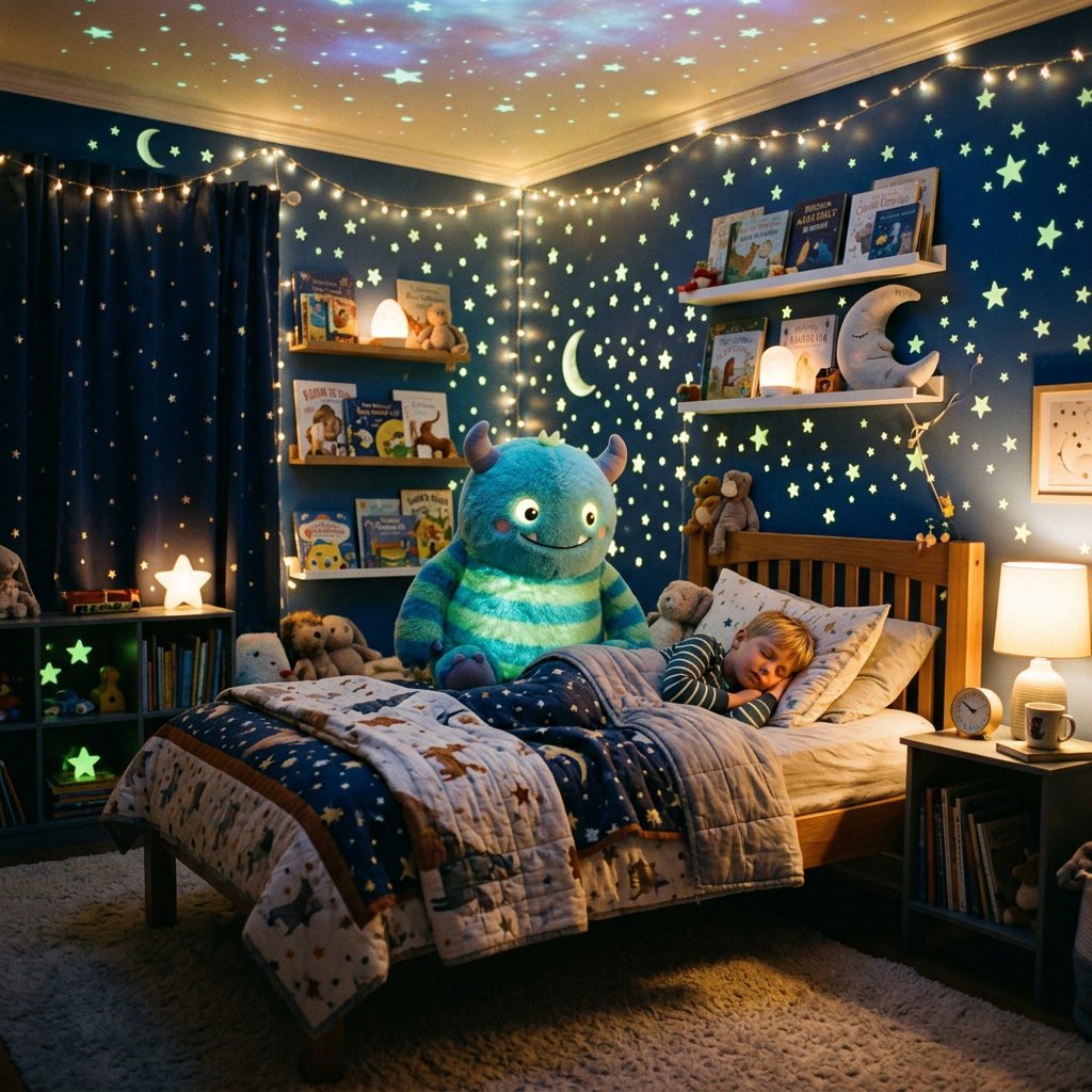 Child sleeping in bed surrounded by star-themed decorations, fairy lights, and a large blue striped monster toy