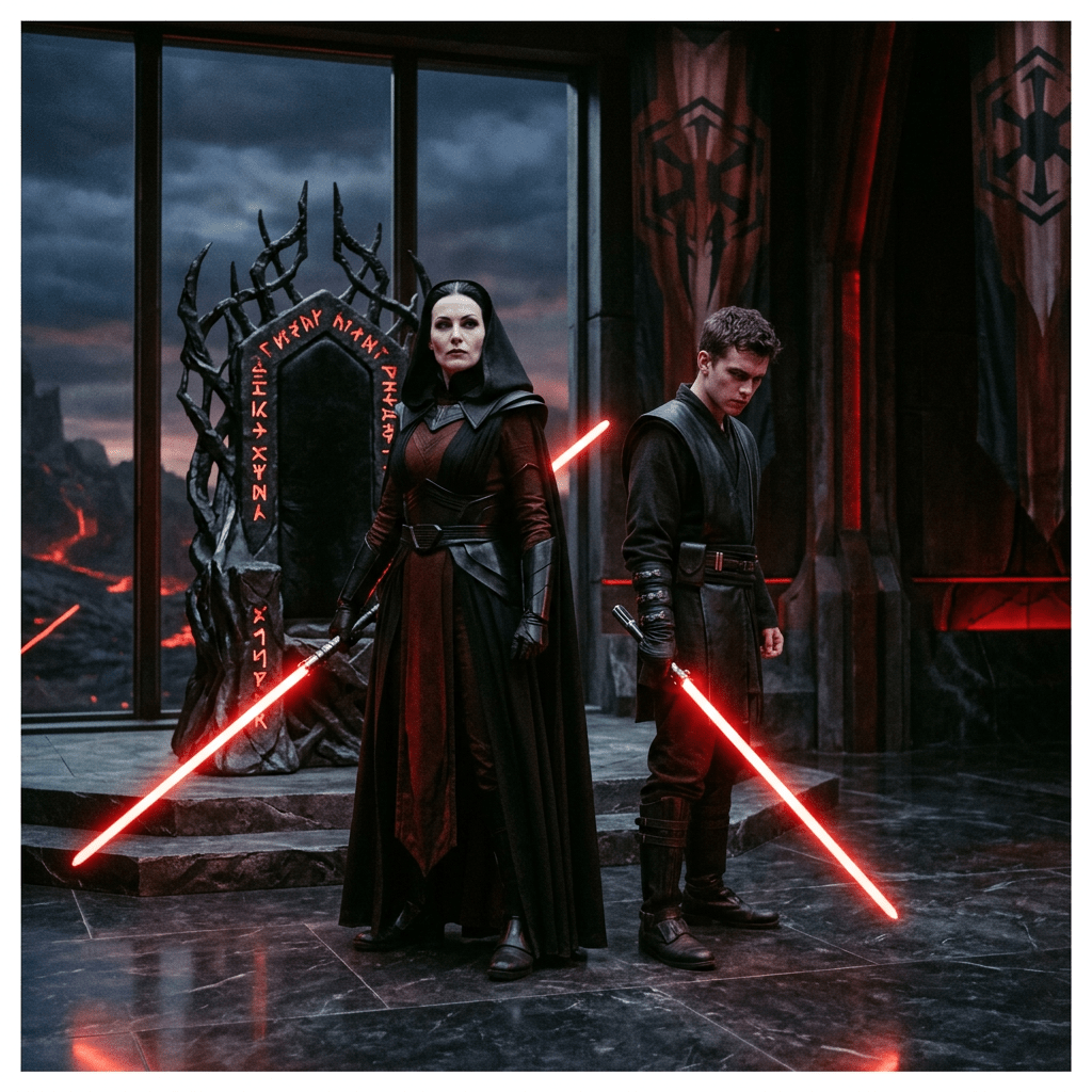 Two Sith characters in dark robes holding red lightsabers with a dark, ominous throne and runes in the background