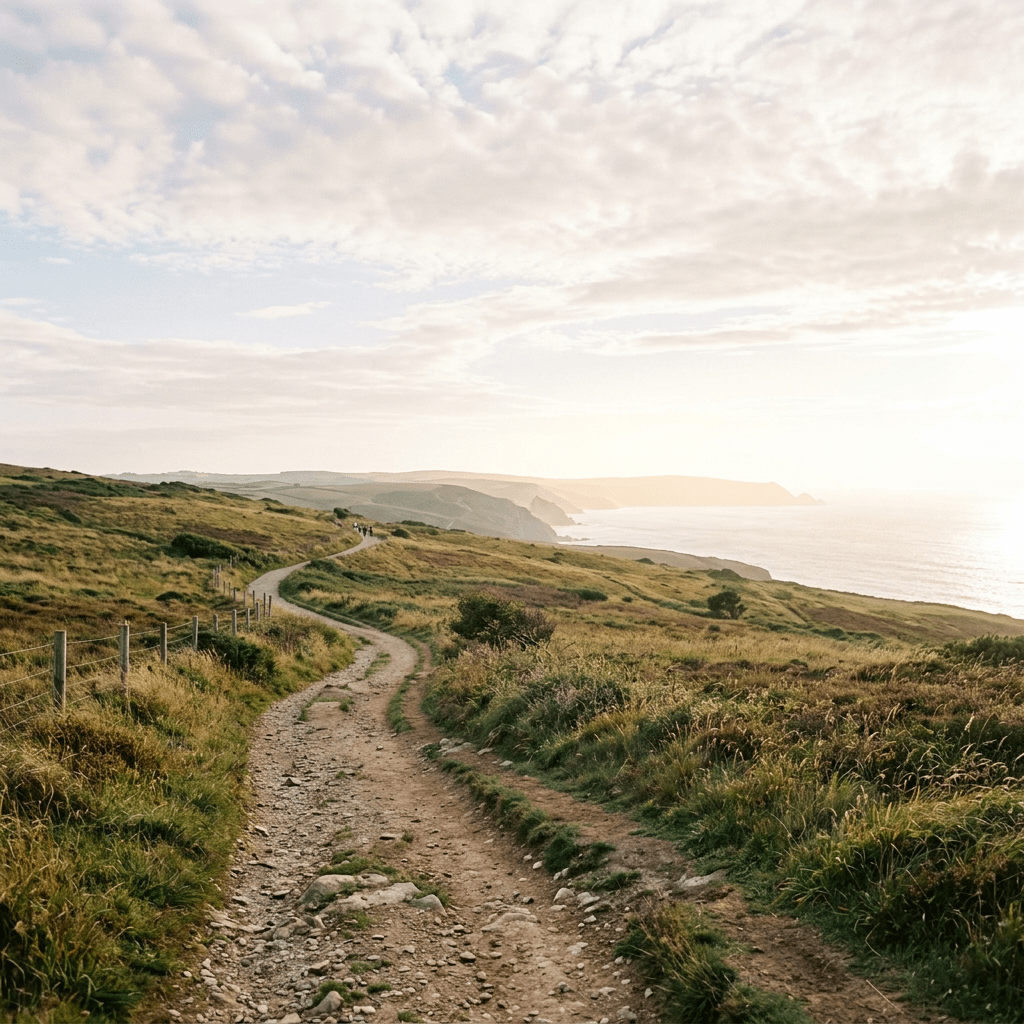 Winding dirt trail through grassy coastal cliffs with ocean horizon