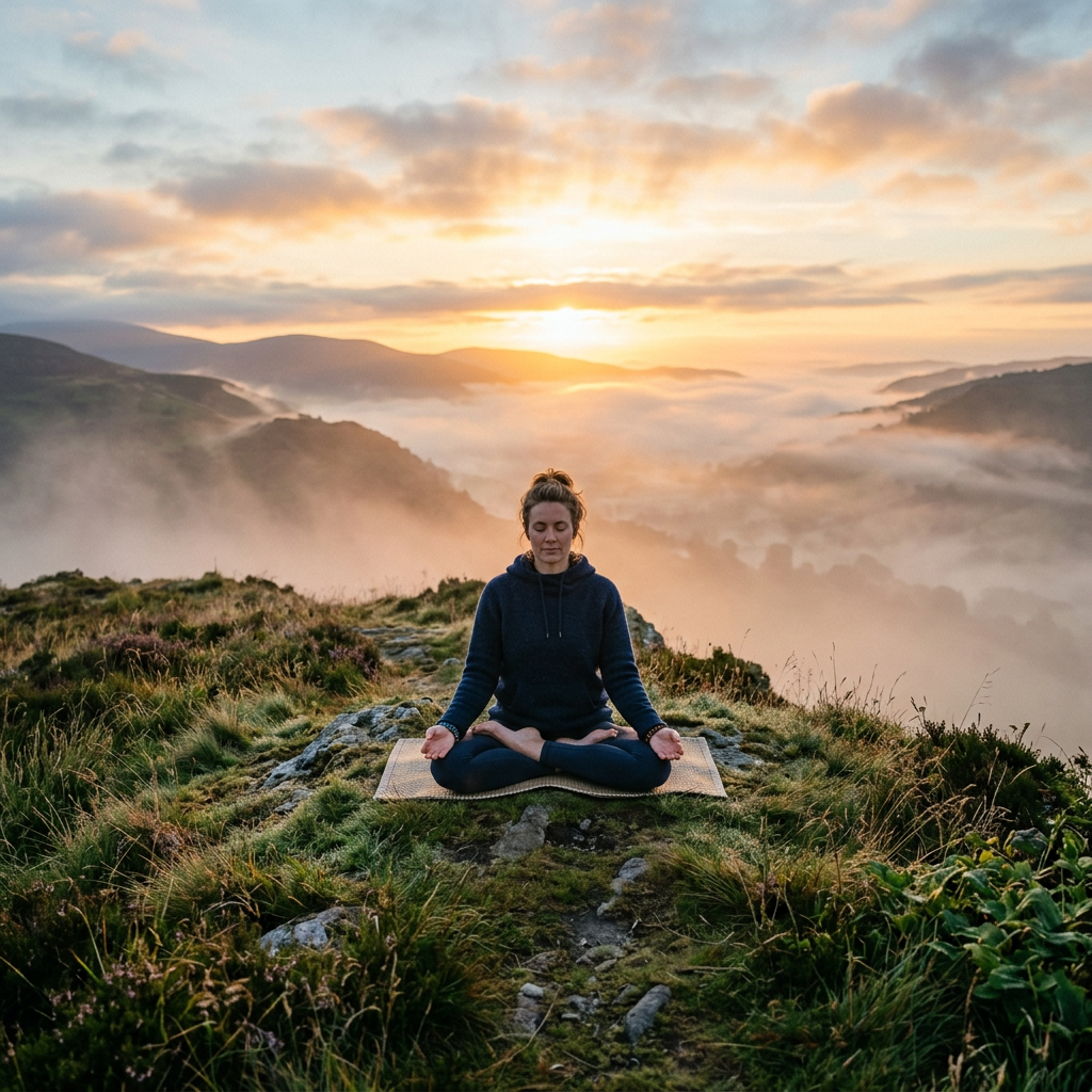Woman sitting cross-legged on a mat meditating outdoors on a misty hill at sunrise