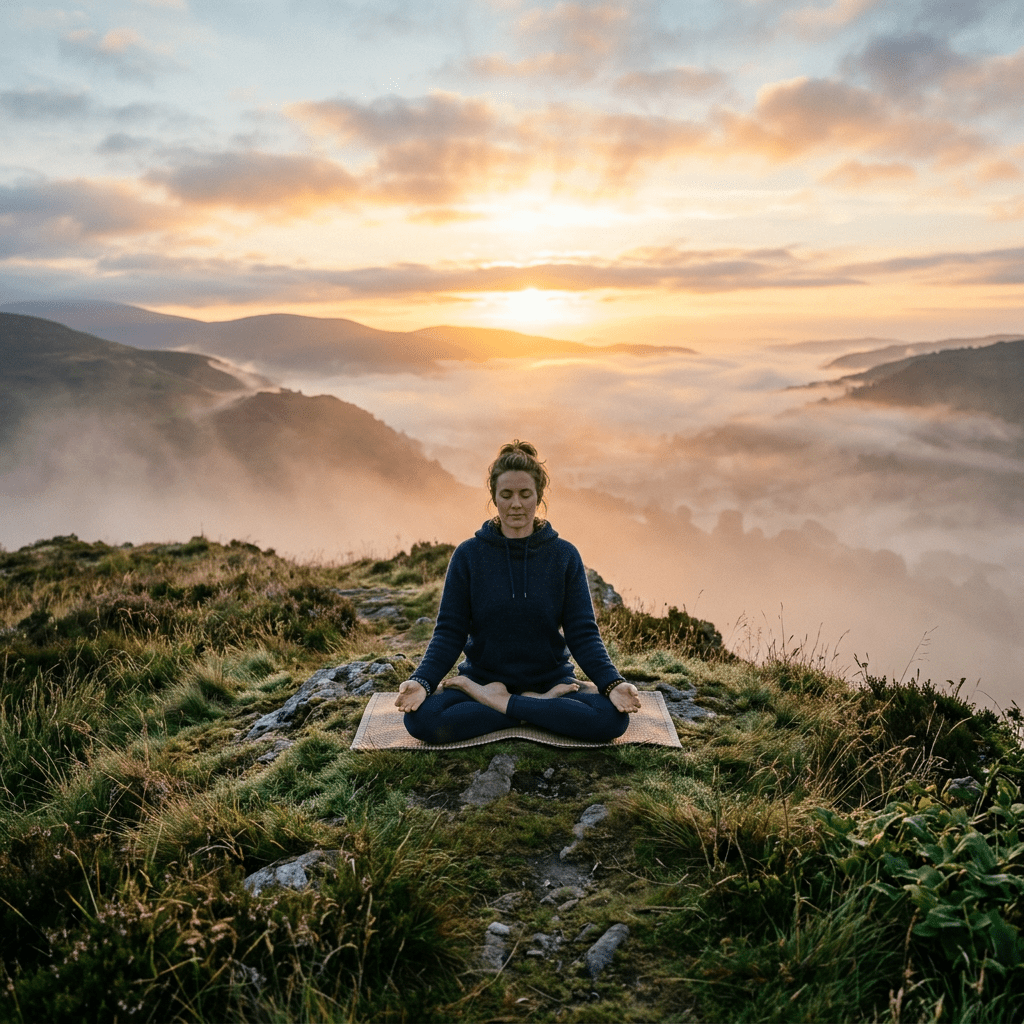 Woman sitting cross-legged on a mat meditating outdoors on a misty hill at sunrise