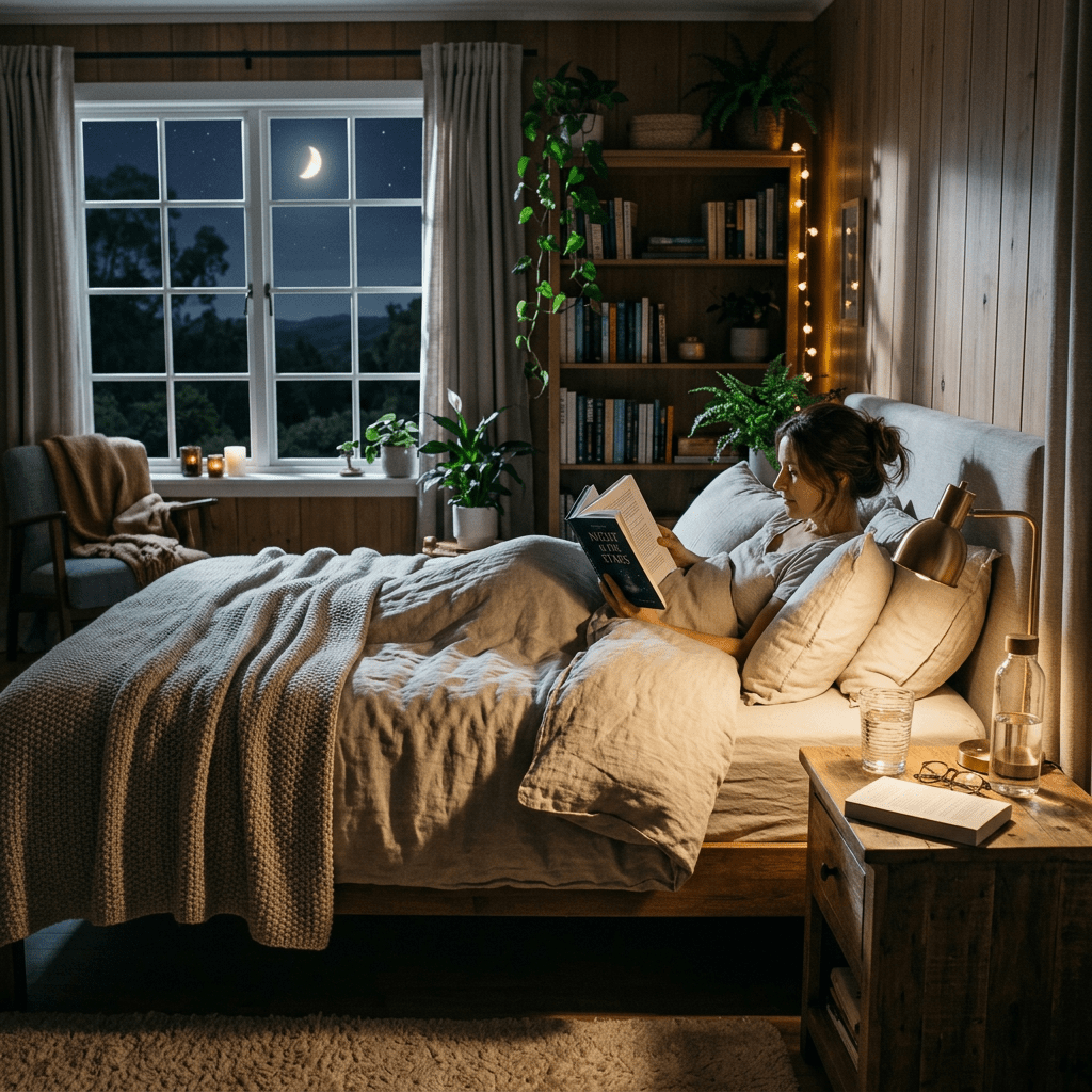 Woman reading book in well-lit cozy bedroom at night with plants and moon visible through window