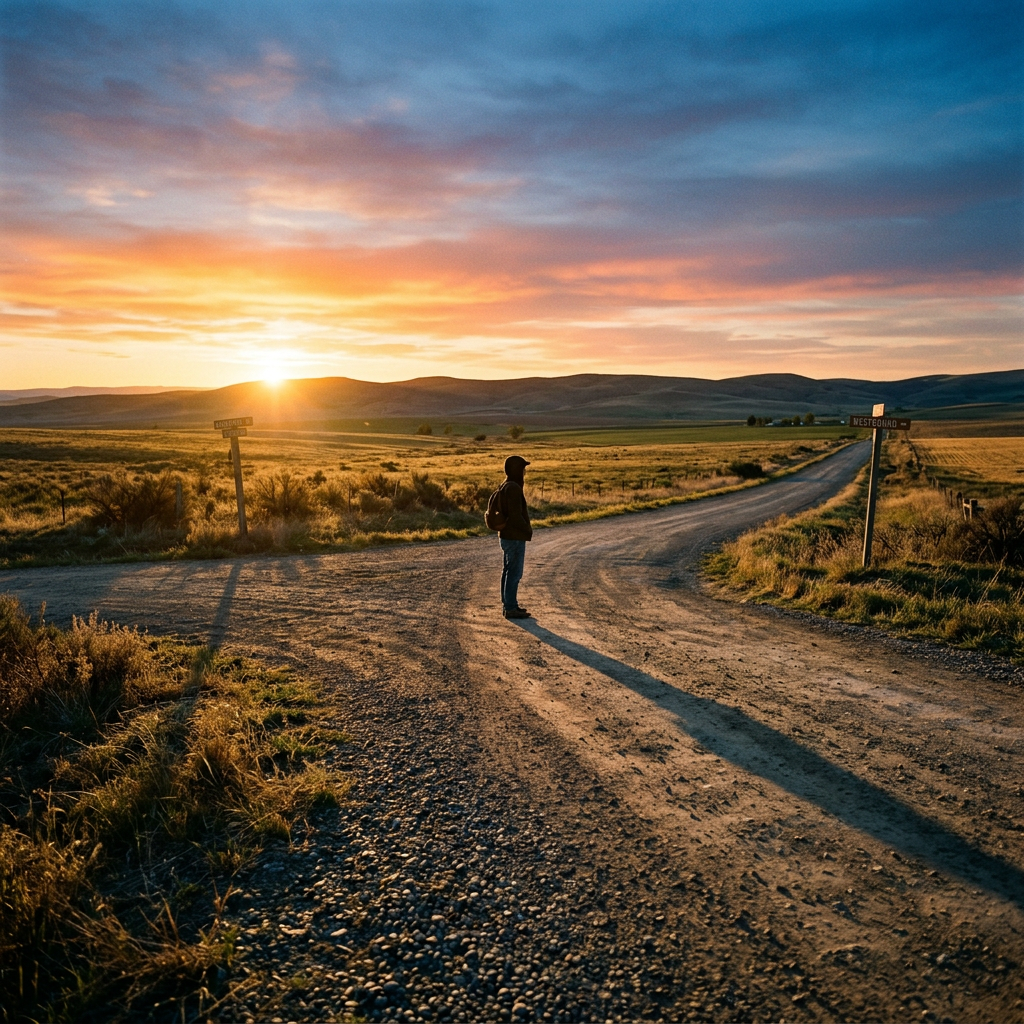 Person standing at a rural dirt crossroads at sunset with long shadows and hills in the background