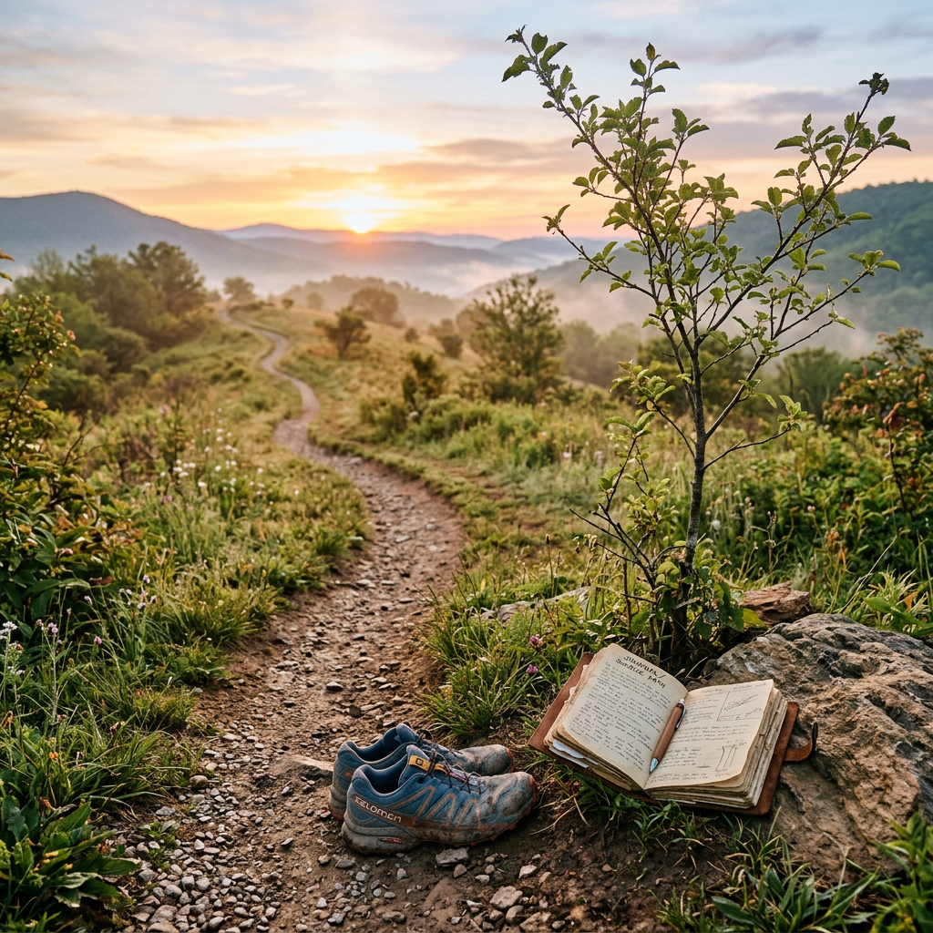 Winding dirt trail at sunrise with hiking shoes and open journal on a rock