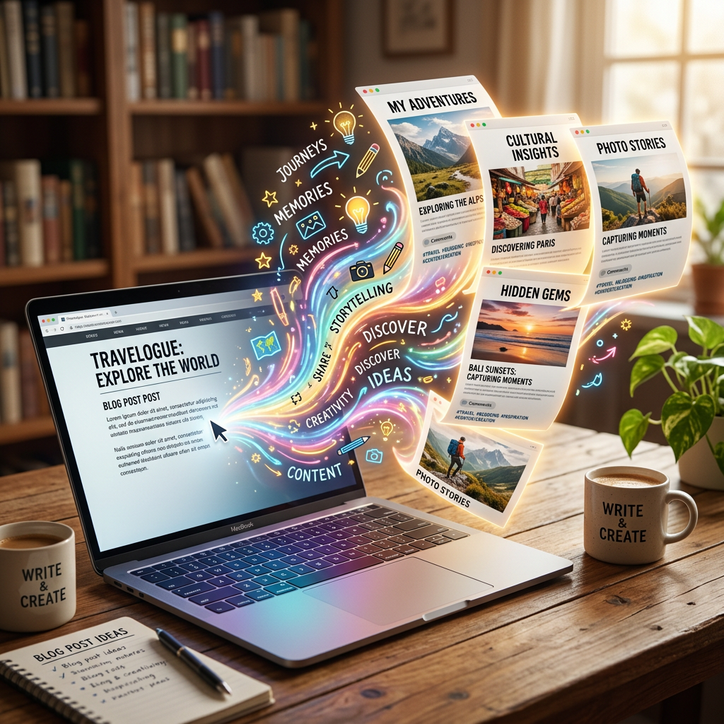 Laptop showing travel blog and colorful icons representing journeys, memories, creativity, and storytelling