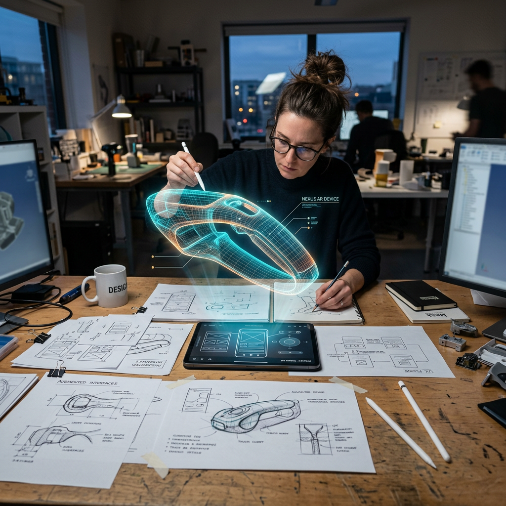 Designer visualizing a 3D augmented reality model of a device while sketching on paper