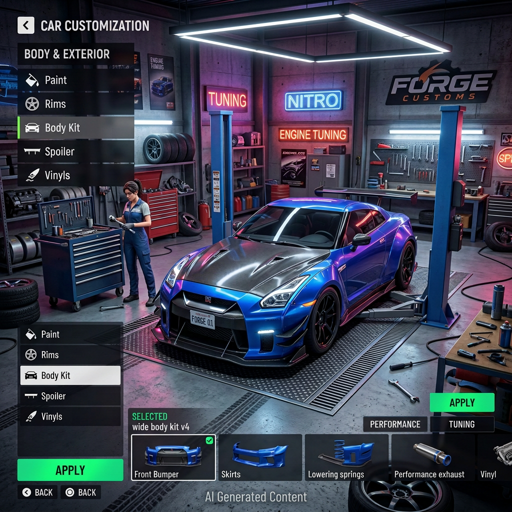 Blue sports car on lift in customization garage with body kit selection menu