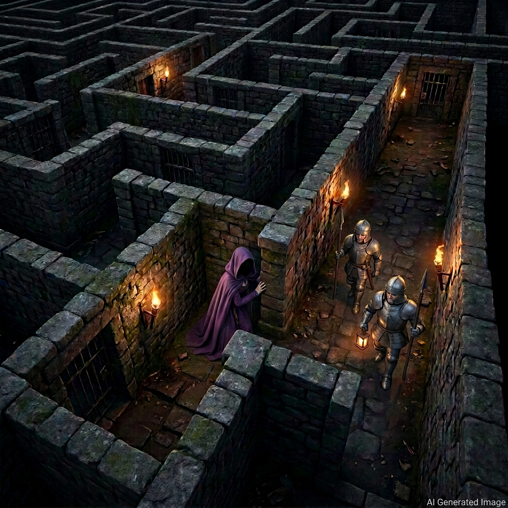 Person hiding in stone dungeon maze corridor as two armored guards with weapons approach