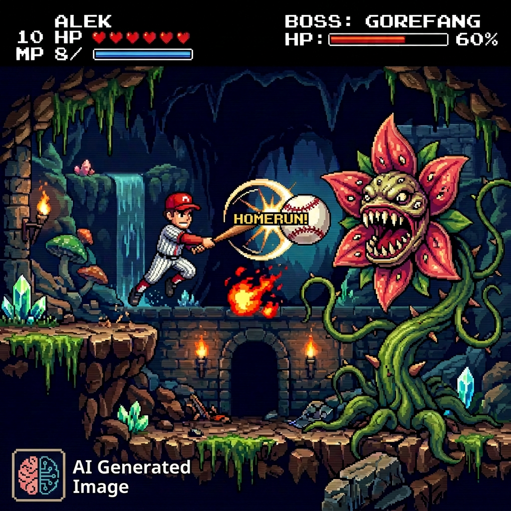 Pixel art showing character Alek hitting a baseball at boss Gorefang in a dark cave