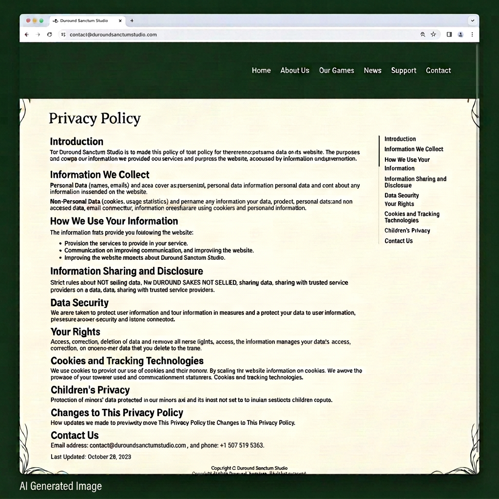 Duround Sanctum Studio privacy policy webpage with headings and paragraphs on data collection, usage, security, and user rights.