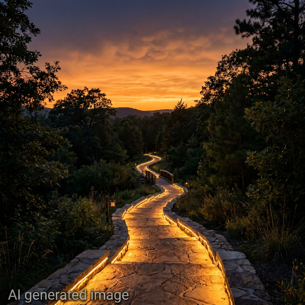 Winding stone pathway lit by warm lights through forest at sunset