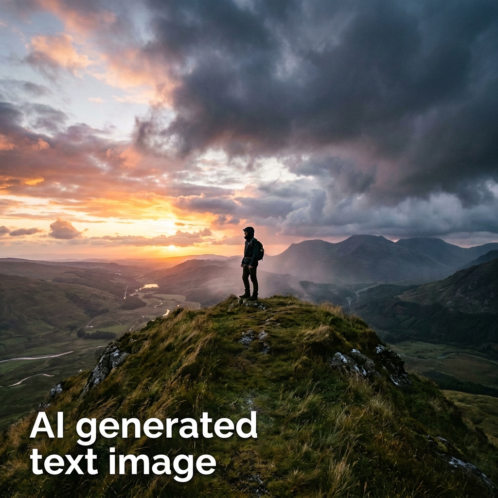 Hiker standing on grassy hilltop looking at sunset over mountains and valleys
