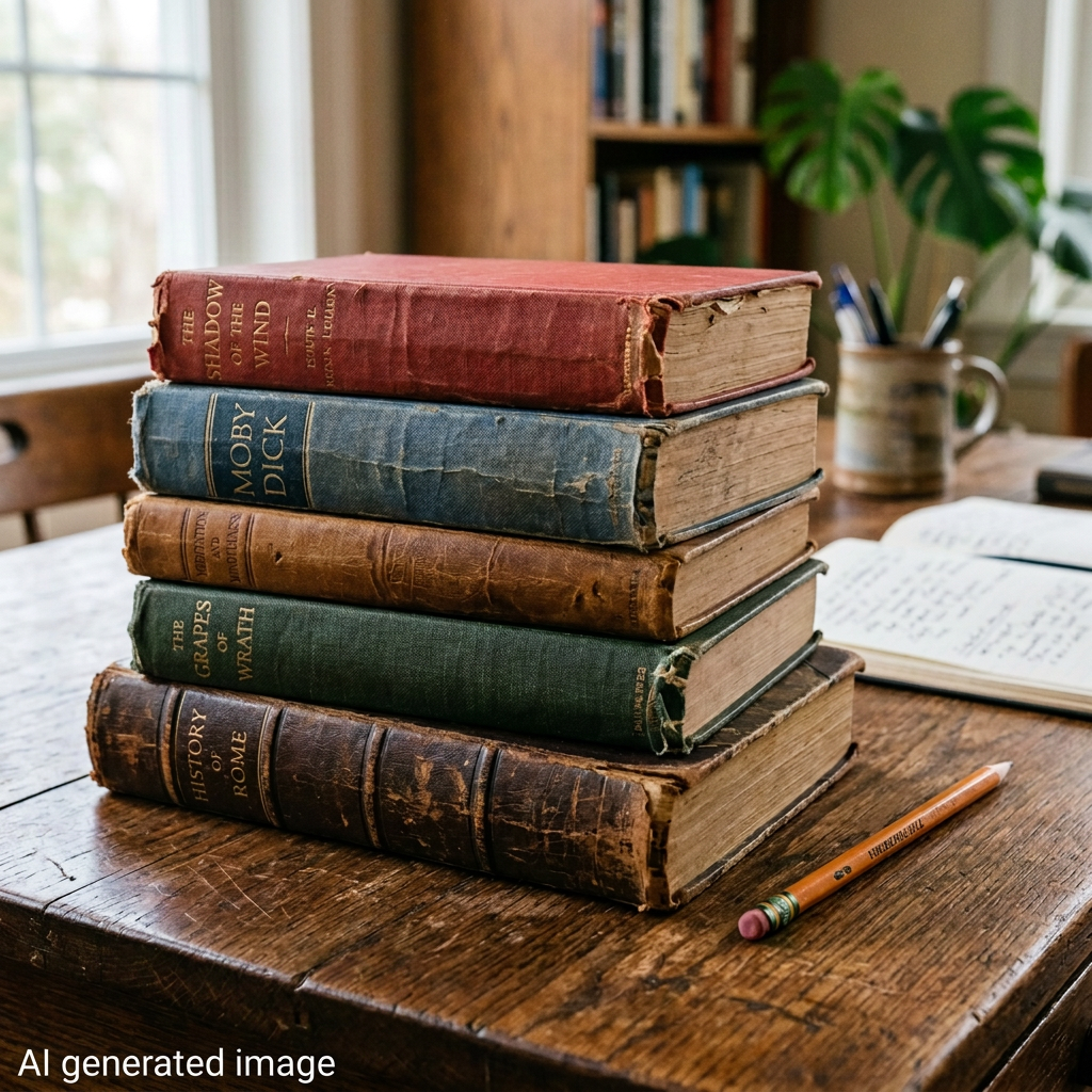 Five old, worn books stacked on a wooden table with pencil and open notebook nearby
