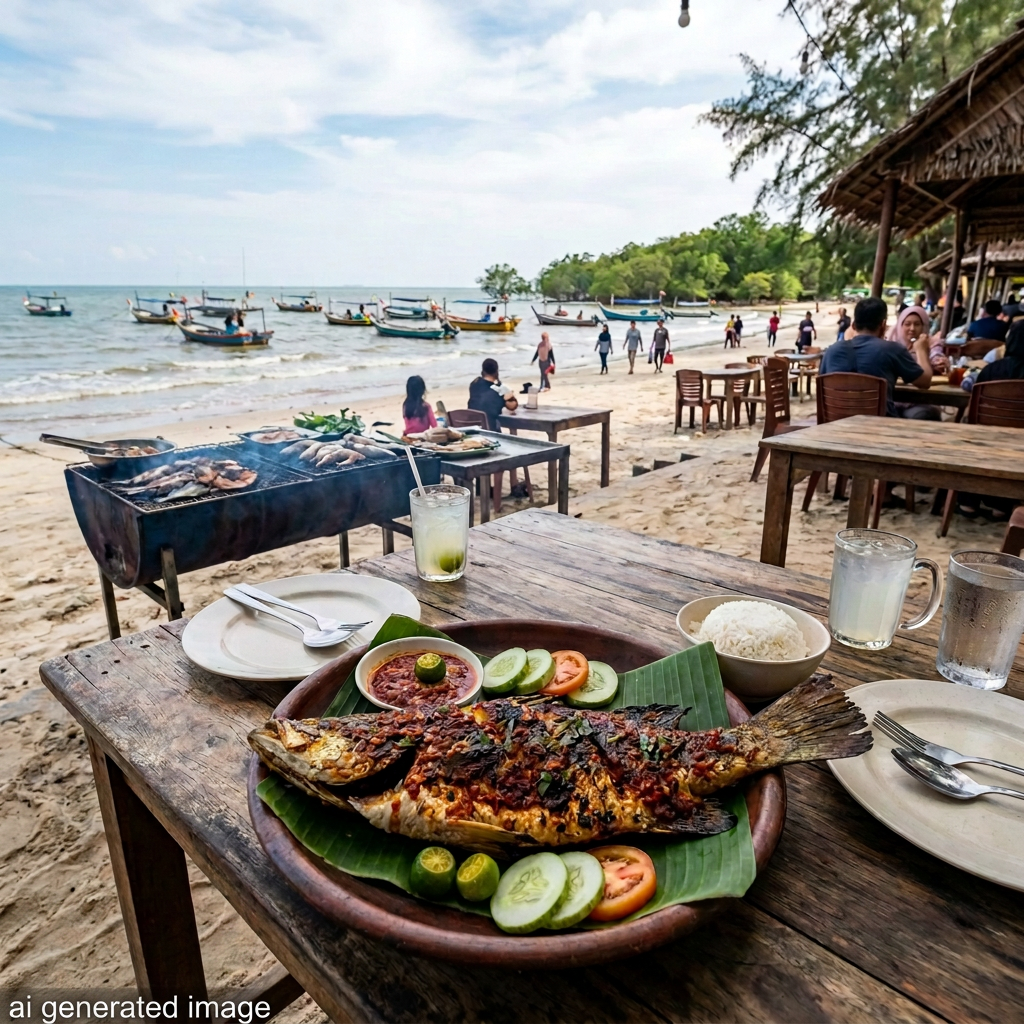 Grilled whole fish with chili sauce, cucumber, tomato, lime, rice, and chips on a wooden table by the beach