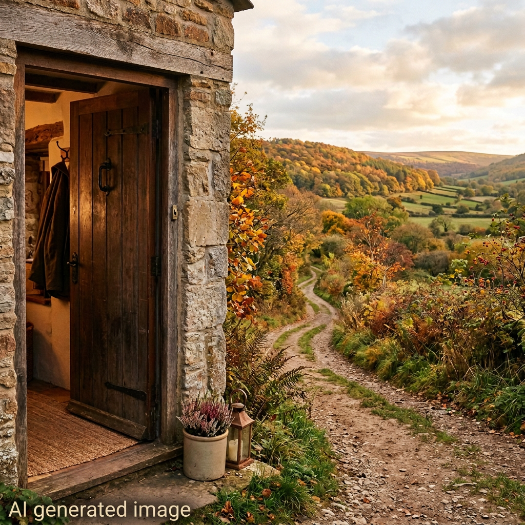 Open wooden door of stone cottage facing winding dirt path and autumn landscape
