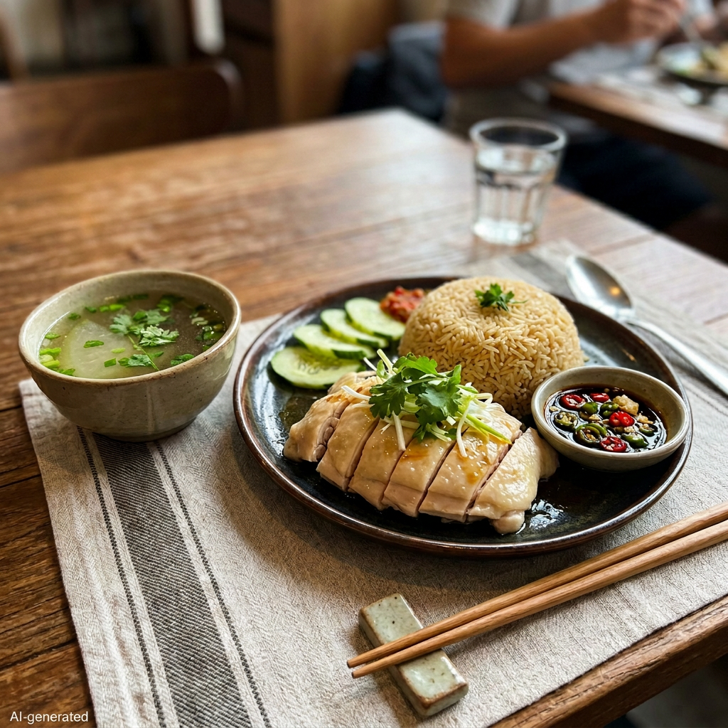 Plate with sliced poached chicken, seasoned rice, cucumber slices, chili sauce, and dipping sauce bowls; bowl of clear soup with herbs