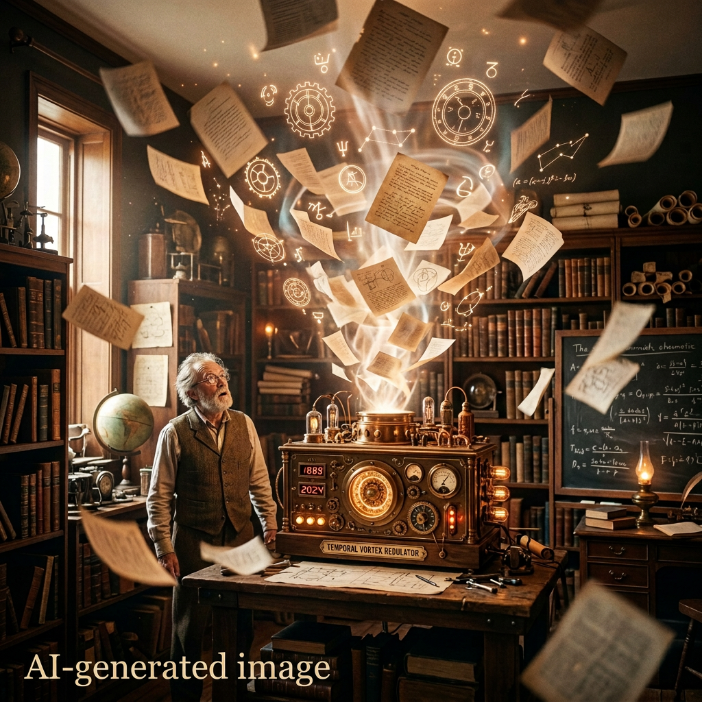 Inventor beside glowing Temporal Vortex Regulator in a library