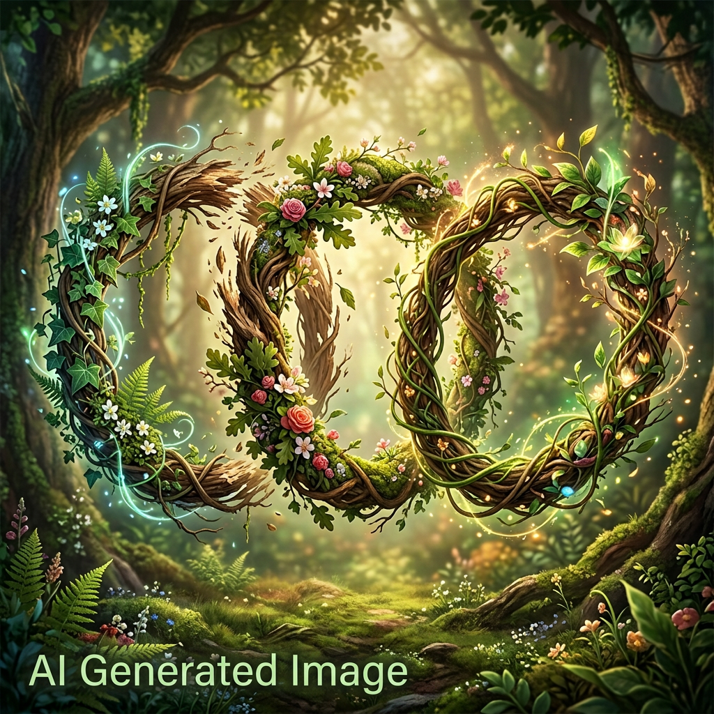 Three floral vine circles glow softly in a sunlit enchanted forest.