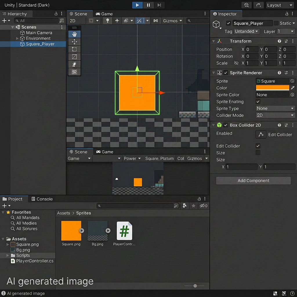 Unity game engine editor showing orange Square_Player with Box Collider 2D