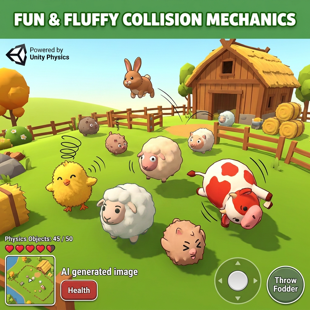 Fun & Fluffy Collision Mechanics; Powered by Entity Unity Physics; Physics-driven bounce!; Stable Physics; RigidBody; Physics Objects: 45 / 50; Health; Throw Fodder