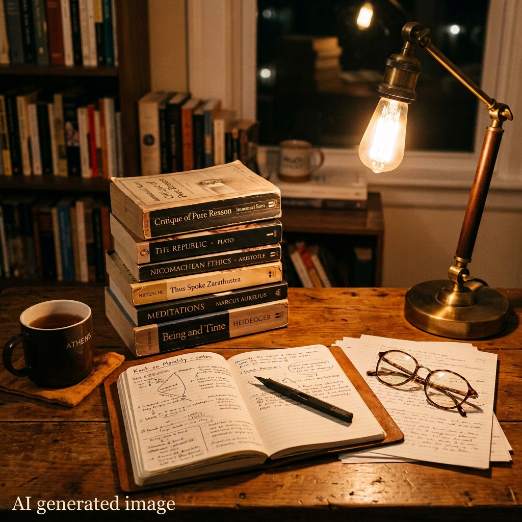 Stack of philosophy books beside handwritten notes, coffee, and glowing lamp