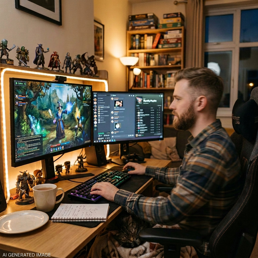 Person gaming at dual monitors as their hobby