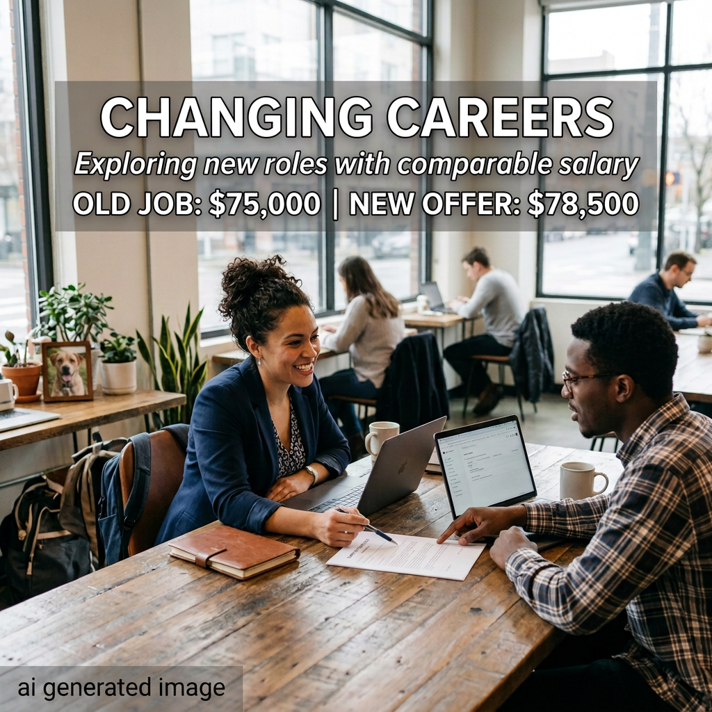 Changing Careers; Exploring new roles with comparable salary; Old job: $75,000 | New offer: $78,500; two professionals reviewing documents and laptops at a cafe table