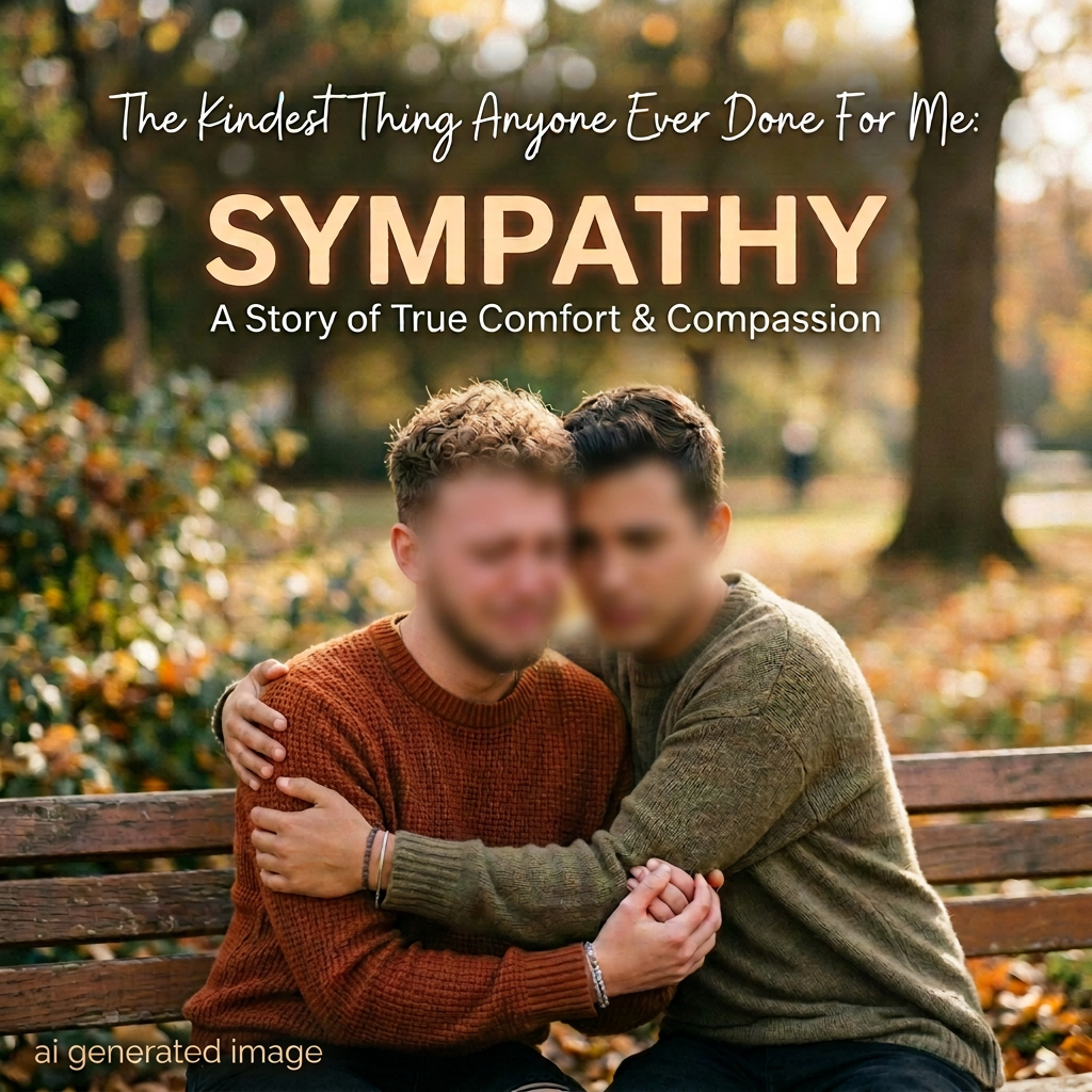 Text reads “The Kindest Thing Anyone Ever Done for Me: SYMPATHY A Story of True Comfort & Compassion,” above two women embracing on a park bench.
