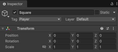 Unity Inspector showing a selected square object tagged Player with Transform properties to collide with collectable items