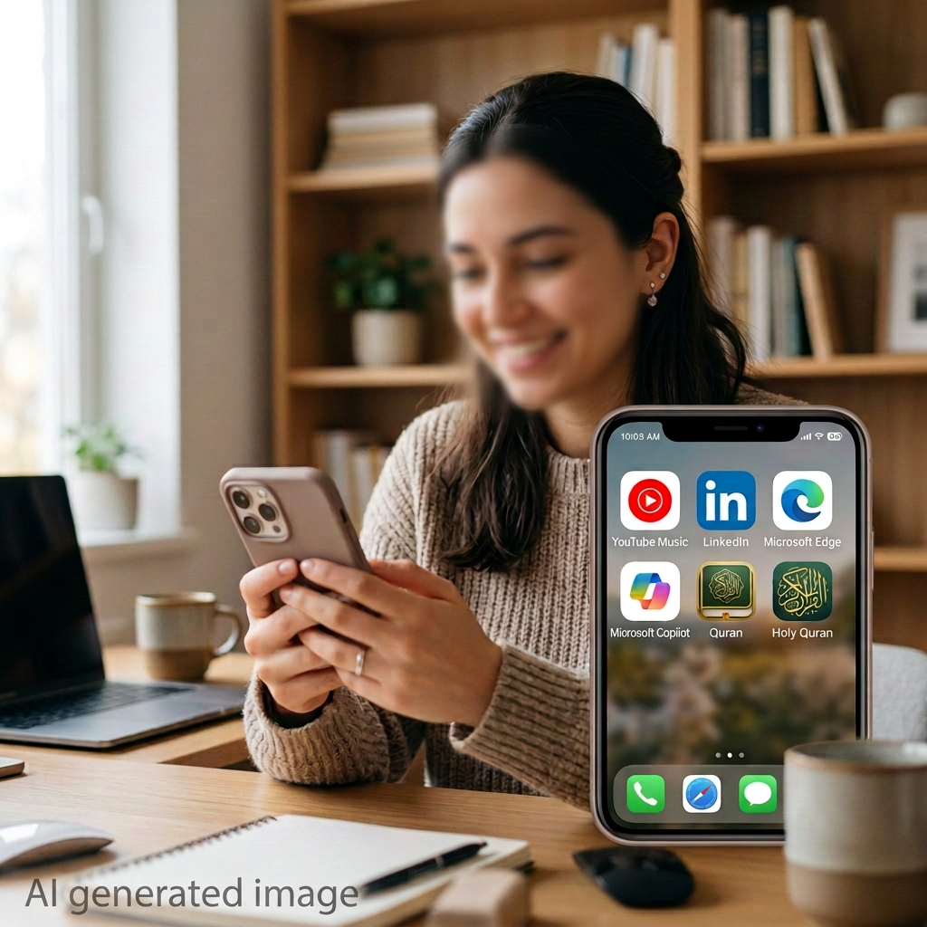 Woman holding smartphone beside laptop with favourite apps including LinkedIn, Microsoft Edge, and Quran